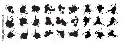 Black ink splash and paint blot shapes. Abstract silhouettes for grunge and creative design projects.