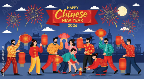 Happy chinese new year 2026 celebration with people holding lanterns and fireworks at night