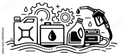 Line art energy and automotive supplies set featuring a jerrycan, oil container, lubricant bottle, and fuel pump nozzle with gears for industrial applications