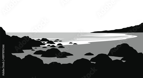 Minimalist grayscale landscape depicting a rocky coastline and calm sea