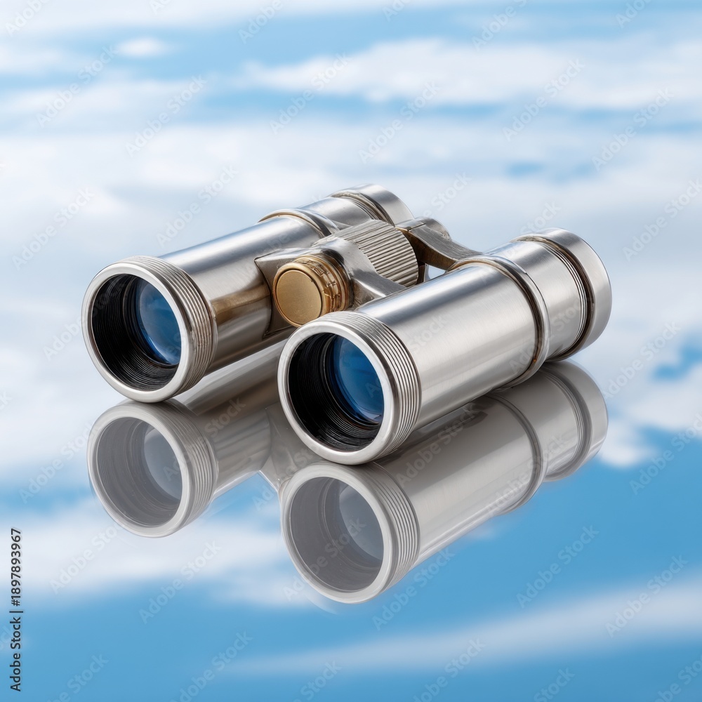 Fototapeta premium Cut-out image of binoculars with a bright blue sky reflection, ideal for travel brochures or camping ads