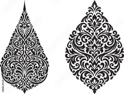 Intricate ornamental teardrop designs, baroque paisley motifs, elegant black vintage filigree patterns