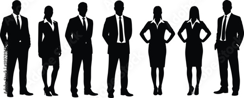Business team silhouettes, professional men and women standing confidently, corporate leadership concept, teamwork, success, management, office people, isolated white background