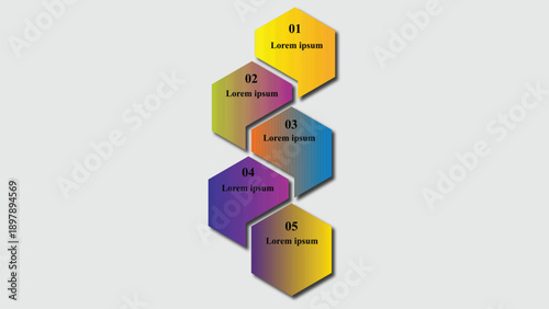 A colorful infographic displays a descending sequence of six hexagonal shapes each labeled with a number and placeholder text high-quality professional detailed modern elegant stylish