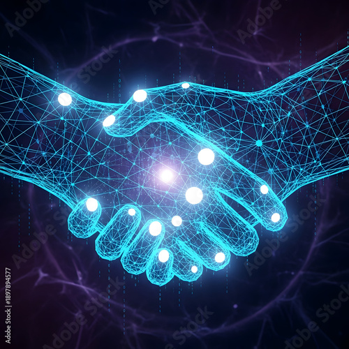 A futuristic handshake with glowing blue lines and dots on a dark background representing technology and partnership
