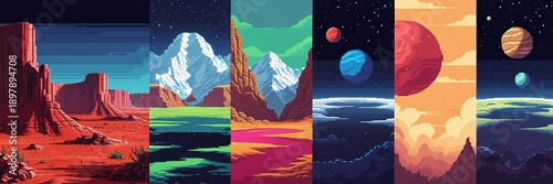 Exploring the cosmos and diverse landscapes through stunning pixel art illustrations
