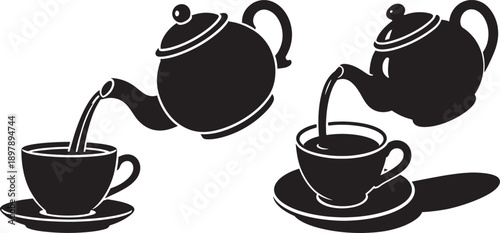 Minimalist black and white illustration of teapots pouring hot beverage into cups, symbolizing relaxation, hospitality, and morning rituals.