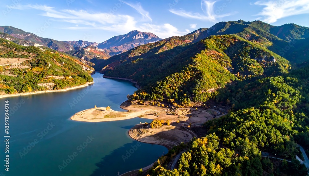 Naklejka premium Aerial view of a large body of water surrounded by lush mountains and vibrant foliage
