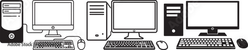 Collection of vintage and modern desktop computers with monitors, keyboards, and mice in a clean black and white line art style.