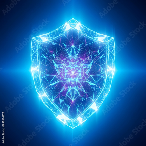 Glowing blue shield with neon lights and purple accents on dark background