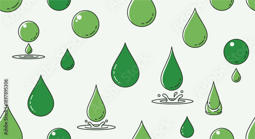 Green droplets and spheres in various forms, some falling and splashing, creating a dynamic pattern on a light background.