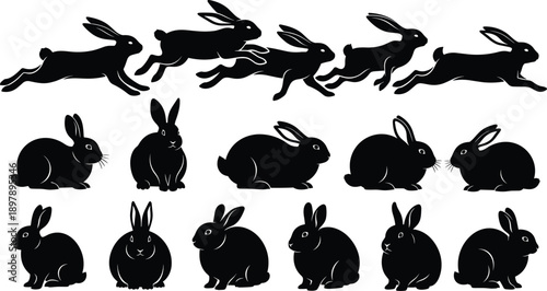 Black silhouette collection of cute rabbits and hares in different poses like running jumping and sitting isolated on white background for Easter vector designBlack silhouette collection o
