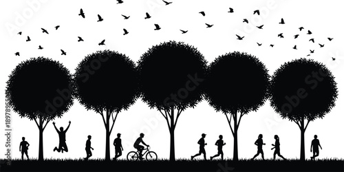 Black silhouette vector of people enjoying outdoor activities in a park with round trees, birds flying, jogging, cycling, and celebrating a healthy active lifestyle. (25 words)