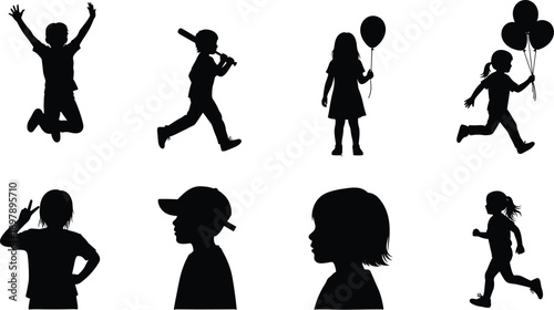 Black Silhouette Vector Set of Children Playing and Active Kids Jumping Running Holding Balloons and Playing Baseball for Youthful Graphic Design Projects and Illustration (25 words)