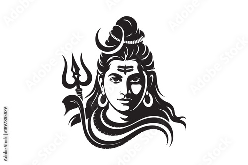 Mahadev  silhouette vector illustration, Black Mahadev head silhouette 