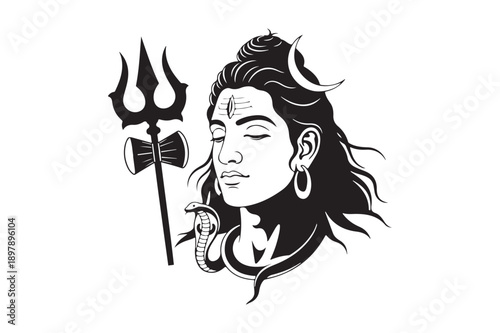 Mahadev  silhouette vector illustration, Black Mahadev head silhouette 
