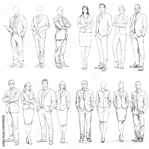 Hand drawn corporate people sketch collection showing teamwork and leadership poses ideal for business training manuals presentations and professional illustration projects