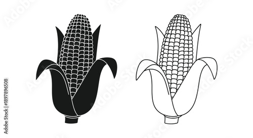 Two corn cobs depicted in contrasting black and white styles