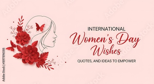 International Women's Day Wishes: A line art illustration of a woman's profile adorned with red flowers and butterflies, offering empowerment