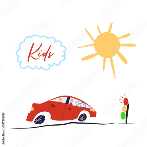Cute kids hand drawn vector. Flower, cloud, sun, traffic lights, stoplight, car, summer illustration. Design for fabric, sticker, icon, kids