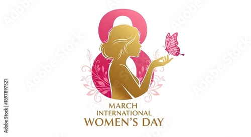 International Women's Day logo design featuring a woman's profile within the number 8 and a butterfly