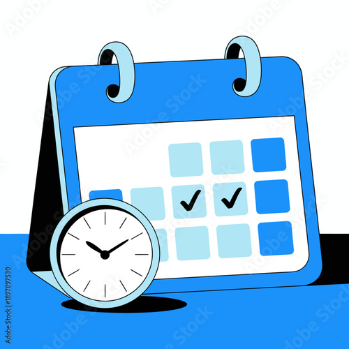 A blue calendar with a clock.