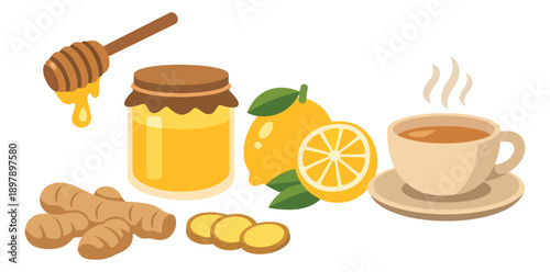 Flat style ingredients set featuring honey, lemon, ginger, and a steaming cup of tea for natural remedies