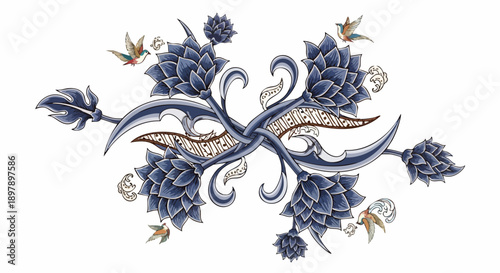 Symmetrical floral design with blue lotus flowers, intricate leaves, swirling patterns, and small birds, in a decorative art style.