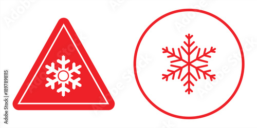Winter Weather Warning and Alert icon set with Snowflake Symbol inside Triangle and Circle Sign, vector illustration