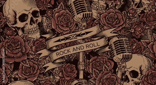 Seamless Rock and Roll Vintage Tattoo Pattern featuring Skulls, Red Roses, and Retro Microphone Grunge Background Illustration