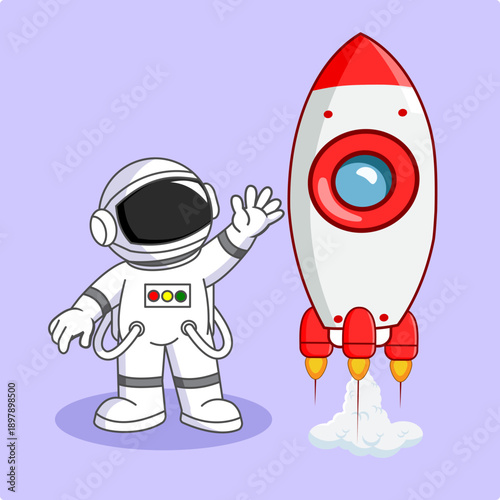 Astronaut Farewell to Launching Rocket Vector Illustration Cartoon Design