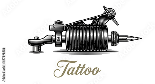 Vintage Tattoo Machine Engraving. Classic Coil Tattoo Gun Icon in Black and White Woodcut Style for Body Art Studio Logos and Merchandise.