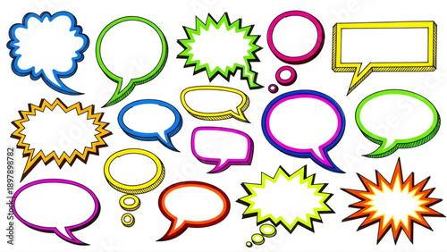 Hand drawn colorful comic speech bubbles and text frames