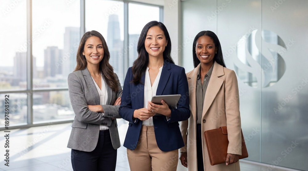 Obraz premium Three Diverse Businesswomen Smiling in Modern Office with City View.
