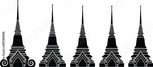 Collection of traditional Thai temple pagoda silhouettes vector illustration black isolated on white background for Asian architecture religion and travel culture design elements