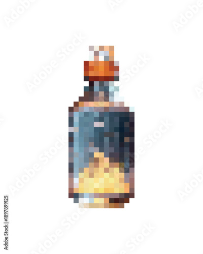 Pixel art icon of a magical potion flask with glowing inner spark, noble golden light inside glass, fantasy game elixir in retro 8 bit style, warm amber and soft blue shades, mystical RPG UI asset.