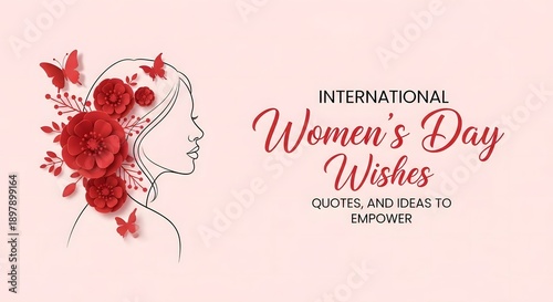 Happy International Women's Day wishes with a sketch of a woman's profile adorned with red flowers and butterflies