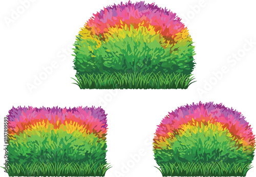 Colorful Decorative Garden Bush Set with Rainbow Foliage, Formal Topiary Hedges in Square and Round Shapes for Landscape Design, Nature Illustration and Botanical Graphics (25 words)