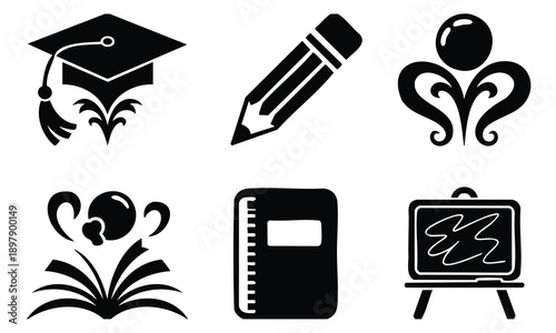 Education silhouette icons for graduation and school learning symbols
