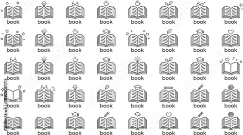 Education and Reading Icon Set Featuring Open Books, Library Shelves, Book Stacks, Electronic Tablets, Literature Research, Bookmarks, and Academic Study Symbols