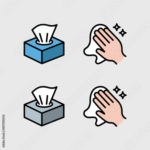 Tissue box and sneezing illustration set.