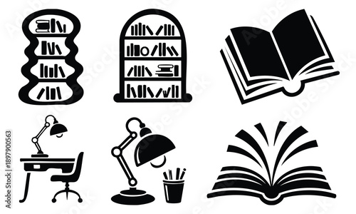 Library furniture and books bundle world book day silhouette vectors