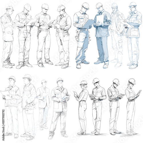 Hand drawn engineer and worker sketch set holding documents ideal for industrial manuals training materials technical concepts and classic line art illustration projects