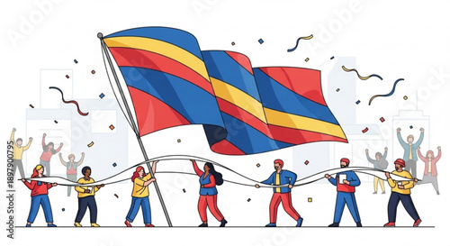 Diverse People Raising Democratic Republic of Congo Flag Together in Celebration