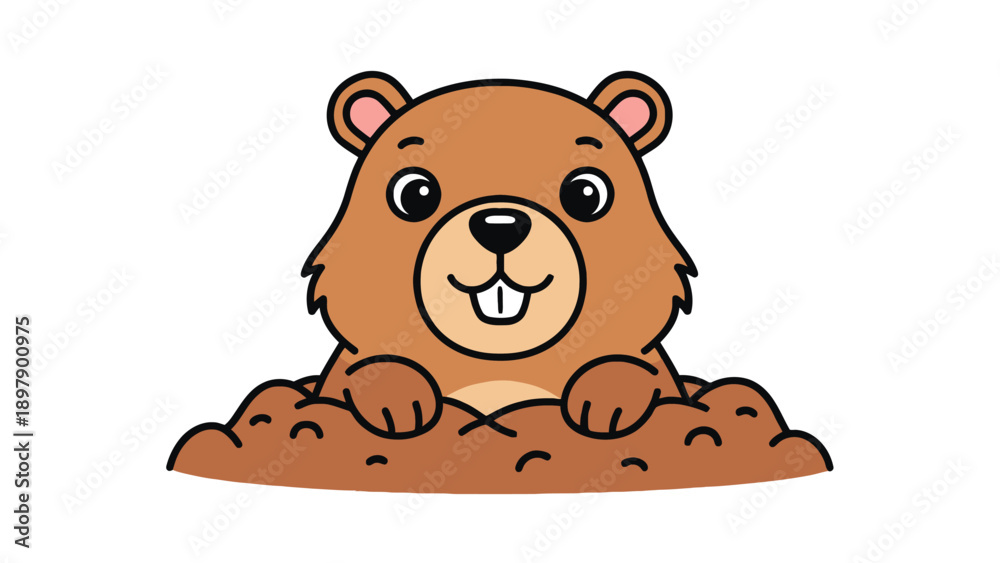 Fototapeta premium Kawaii groundhog peeking from a burrow for Groundhog Day seasonal marketing and professional children's nature education business assets.