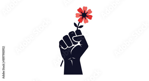 Raised Fist Holding Red Flower Symbolizing Peace and Protest