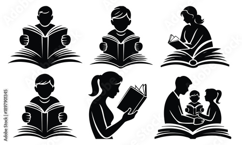 People reading silhouette icons for book lovers and literacy concepts
