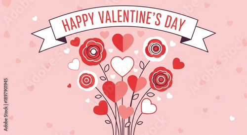 Happy Valentines Day bouquet of flowers and hearts romantic celebration design element vector illustration on pink background