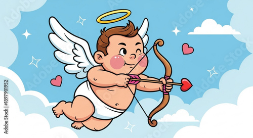 Cute cupid with bow and arrow flying in clouds symbol of love and romance for Valentines Day cartoon illustration