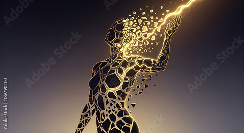 Broken pieces of a human silhouette slowly reassembling with golden light, symbol of recovery, resilience, and embracing imperfections, artistic, emotional concept.